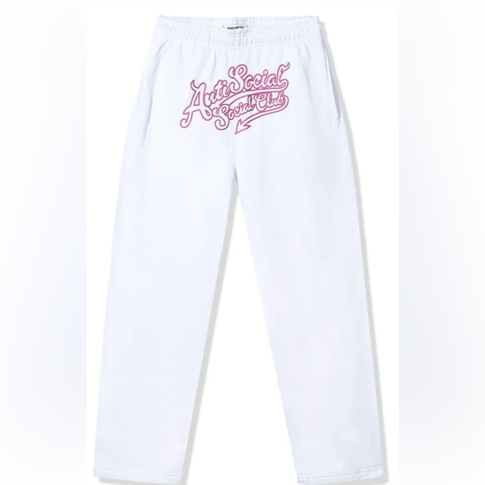 Anti social social club cut and stitch White Sweatpants with Pink Script Logo